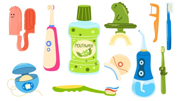 Various mouth cleaning tools. Toothbrushes, toothpaste, dental floss, mouthwash. Dental hygiene, Oral care, healthcare concept. Hand drawn isolated illustration isolated on white background vector