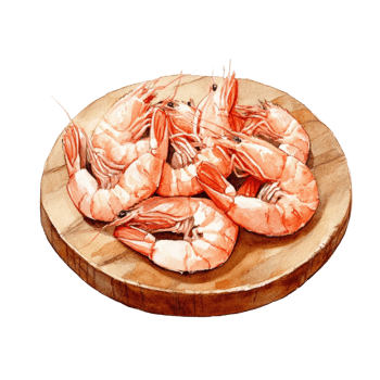 Cooked Shrimp Arranged on a Wooden Board png