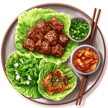 Delicious Korean Bulgogi Served with Sides on Lettuce Wraps png
