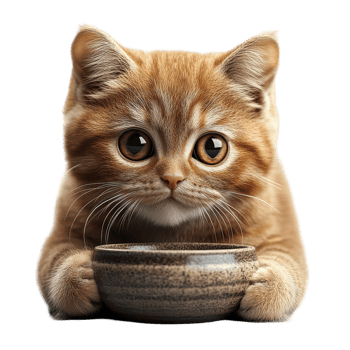 Cute orange tabby kitten curiously peeking at a small food bowl in a bright indoor setting during the afternoon isolated on transparent background. png