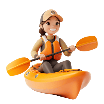 Happy Girl Kayaking in Orange Kayak With Paddle png