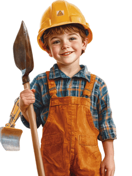 A Young Boy Wearing a Hard Hat Holds a Shovel png