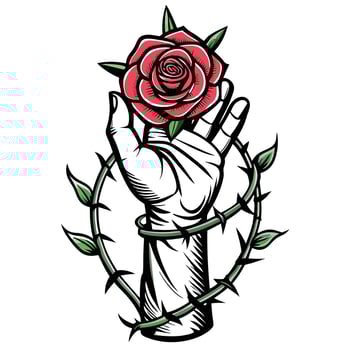Hand Holding Rose, Thorns, Vines, Tattoo Design, Art, Graphic, Illustration, Vintage, Style vector