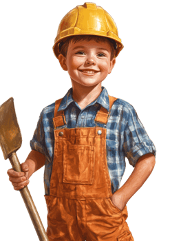 Young Boy Construction Worker Smiles Holding Shovel png