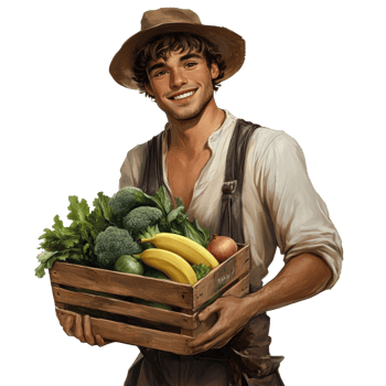 A smiling farmer holds a wooden crate of fresh produce png