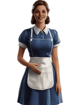 A Smiling Maid Wearing a Blue Dress and White Apron png