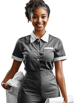 A Happy Hotel Maid Holds Clean Towels png