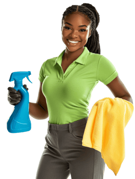 Happy Cleaner Holds Spray Bottle and Towel png