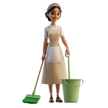 Cartoon Maid Holding Broom Bucket Cleaning Supplies png