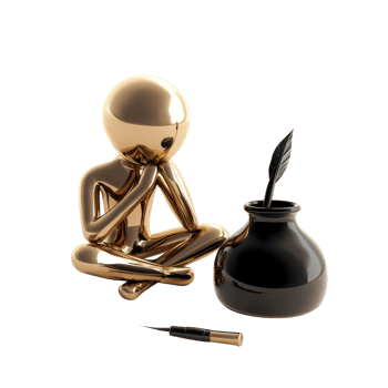 Golden Figurine Contemplating Writing Implements png