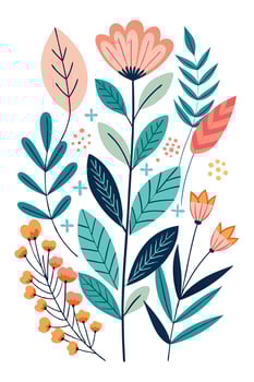 Stylized Floral Arrangement Teal Leaves, Pink Peach Flowers vector