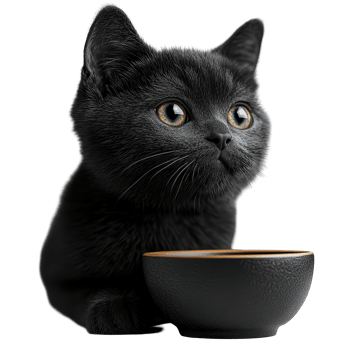 Cute black cat with striking green eyes sits beside a small bowl in a cozy home setting during the afternoon light isolated on transparent background. png