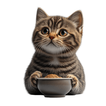Cute kitten holding a small wooden bowl while looking curiously at the camera indoors isolated on transparent background. png