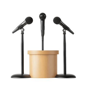 Three Microphones on Stands Around Wooden Podium png