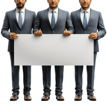 Three men in suits holding a blank sign in a studio setting isolated on transparent background. png