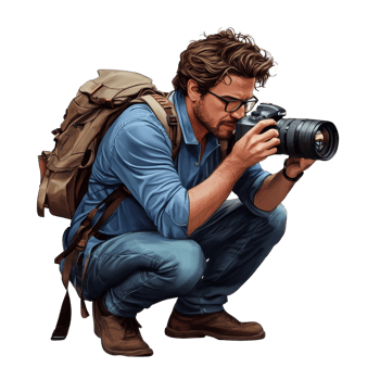 A Man with Backpack Uses a Large Camera png