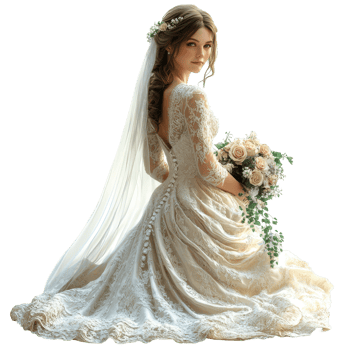 Bridal portrait of a bride wearing an elegant lace gown holding a bouquet of roses in a serene backdrop isolated on transparent background. png