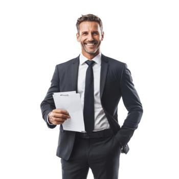 Smiling businessman holding documents wearing a suit png
