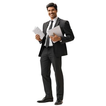 Happy Businessman Holding Documents Smiling Confidently. isolated png