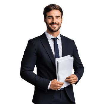 Smiling businessman holds documents wearing a suit png