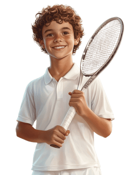 Young Boy Holding Tennis Racket Smiling Happily png