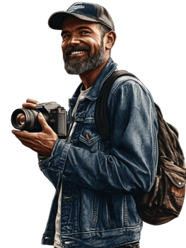 Smiling Man Holds Camera Wearing Denim Jacket png
