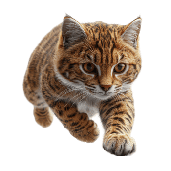 Wild cat sprinting across a white background showcasing its agility and alertness isolated on transparent background. png