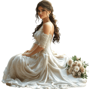Beautiful bride in elegant wedding dress posing gracefully with bouquet of roses in a serene setting isolated on transparent background. png