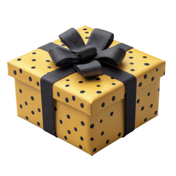 Elegant yellow gift box with black polka dots and ribbon perfect for celebrations and special occasions isolated on transparent background. png