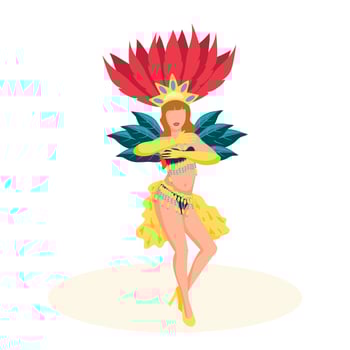 Samba dancer at the Brazilian carnival. Mardi Gras street parade. Stage costume with yellow, green and red feathers and necklace. vector