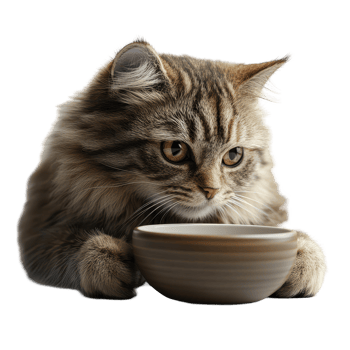 Curious cat observes a bowl of food with focused eyes in a cozy indoor setting isolated on transparent background. png