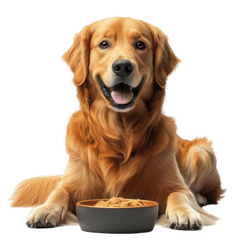 Golden retriever happily enjoying a meal in a clean indoor space with bright lighting isolated on transparent background. png