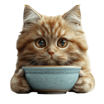 Cute orange cat holds bowl with curious expression in home setting isolated on transparent background. png