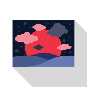Red planet rising over alien ocean at night with clouds and stars minimalist illustration vector