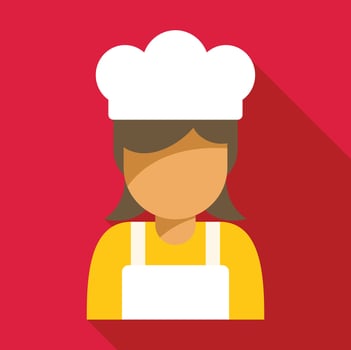 Female chef wearing white toque and apron, flat design illustration vector