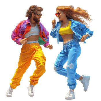 Dynamic couple dancing joyfully in colorful outfits at a vibrant festival during sunny daylight isolated on transparent background. png