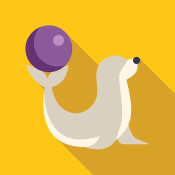 Circus seal balancing purple ball on its nose while performing a trick vector