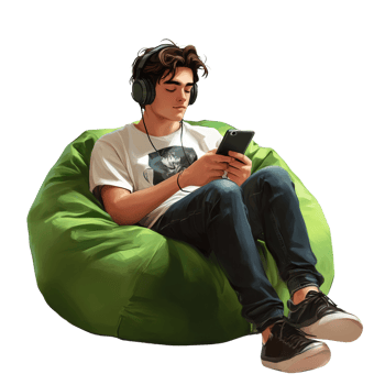 Young Man Relaxing Listening to Music on Beanbag Chair png