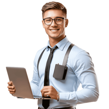 Smiling businessman holding laptop wearing glasses and suspenders png