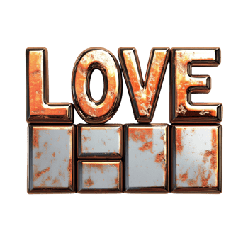Rusted metallic letters spell out the word love png