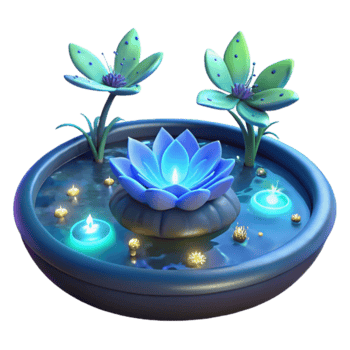 3D Render of Serene Lotus Pond with Glowing Flowers and Candles png