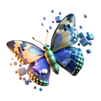 Vibrant 3D Butterfly Illustration with Pixelated Background png