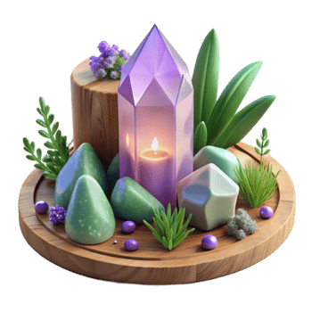 Serene 3D Render of a Crystal Candle Arrangement with Green Stones and Plants png