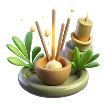 Render Aromatic Spa Still Life, Incense Sticks, Candle, Bowl, Green Leaves png