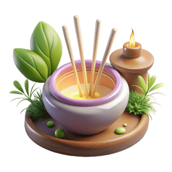 Relaxing Aromatic 3D Render Reed Diffuser, Candle, and Greenery png