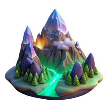 Stylized 3D Mountain Landscape Illustration Volcanic Peak, Glowing River, and Evergreen Forest png