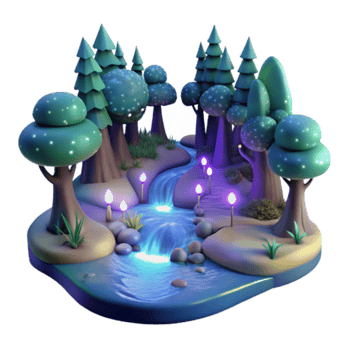 Enchanted 3D Forest Stream Illustration Magical Night Scene with Glowing River and Trees png