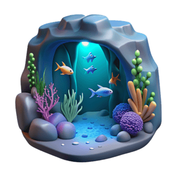 Render of Vibrant Underwater Cave Scene with Colorful Fish and Coral Reef png