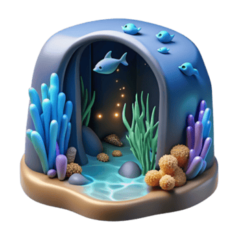 3D Render Underwater Cave Illustration Ocean Fish, Coral Reef, Aquatic Plants, Glow, Sea Life, Undersea World, Marine Ecosystem, Submerged Landscape, Cartoon Style, Fantasy Scene png