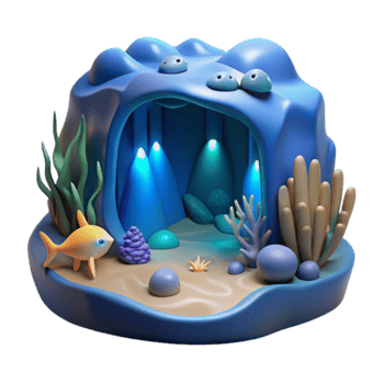 Enchanted Underwater Cave 3D Illustration A Vibrant Scene of Marine Life png